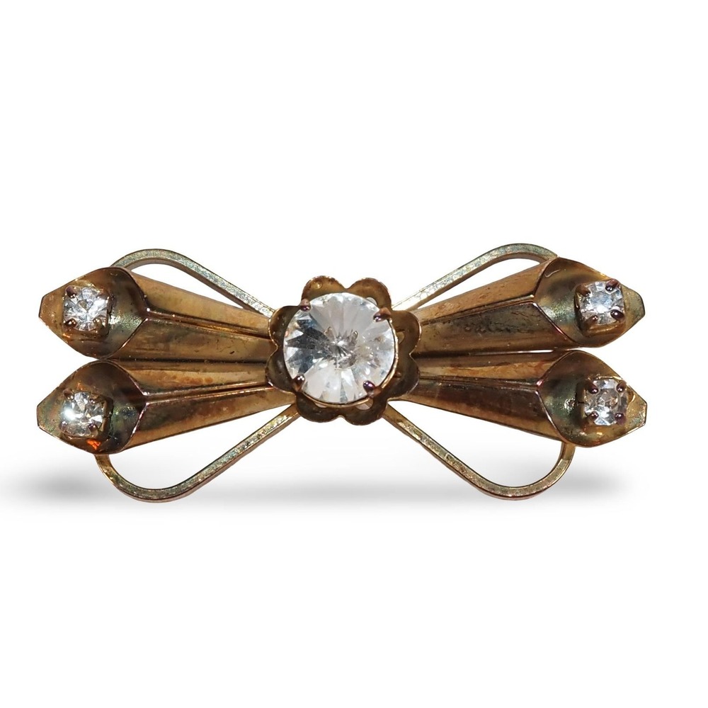 Vintage 1940s 50s Rhinestone Bow Brooch Gold Tone Clear Crystal Pin 2"